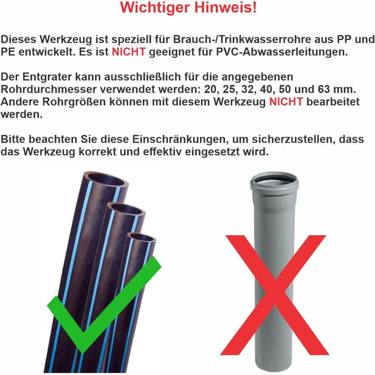 Kunststoffrohr-Fasenwerkzeug - Rohr-Entgratungswerkzeug für 20, 25, 32, 40, 50 und 63mm Kunststoffrohre - Hochleistungs-Rohrfräser - PE-Rohranspitzer und 3 Ersatzklinge