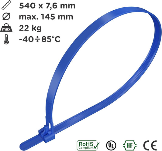 intervisio Kabelbinder Wiederverschließbar 540mm x 7,6mm blau 100 Stück
