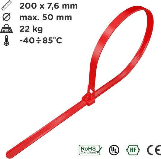 intervisio Kabelbinder wiederverschließbar 200mm x 7,6mm rot 100 Stück