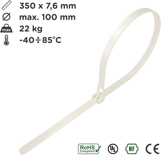 intervisio Kabelbinder Wiederverschließbar, 350mm x 7,6mm, 100 Stück, weiß