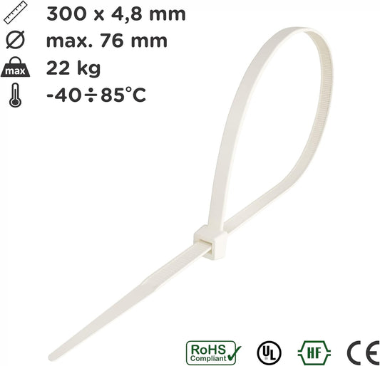 intervisio Kabelbinder 300mm x 4,8mm, Farbe weiß, Natural, Universalbinder, 100 Stück