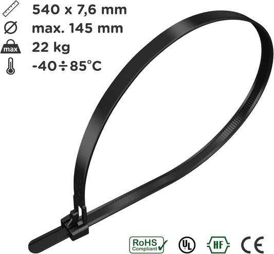 intervisio Kabelbinder Wiederverschließbar, 540mm x 7,6mm, 100 Stück, Schwarz