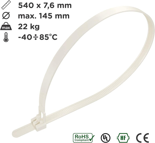 intervisio Kabelbinder wiederverschließbar 540mm x 7,6mm weiß 100 Stück