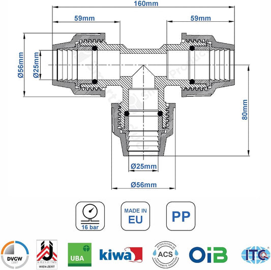 T-Stück PE Rohr Fitting 25mm x 25mm x 25 mm Verschraubung PN16 DVGW Trinkwasser zertifiziert – Klemmverbinder – PP T Stück Kupplung kompatibel mit PE80 PE100 Rohren - 1 Stück