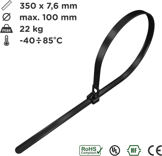 intervisio Kabelbinder wiederverschließbar 350mm x 7,6mm schwarz 100 Stück