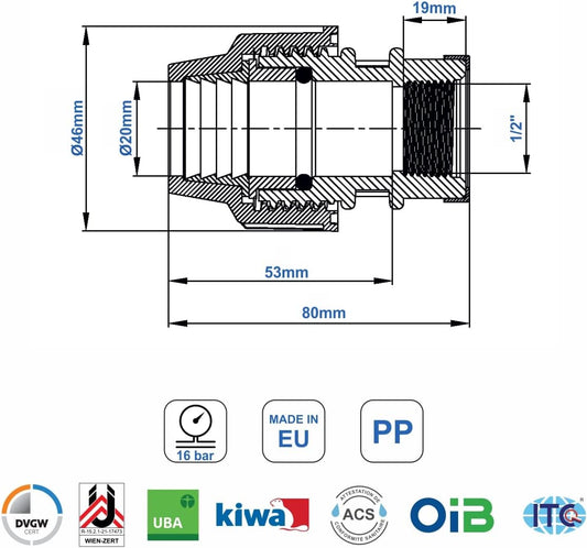 PP Kupplung MDPE 20mm x 1/2 Zoll mit Innengewinde IG - Verschraubung für PE Rohr PN16 DVGW Trinkwasser zertifiziert – 20 mm Klemmverbinder Adapter für PE80 PE100 Rohren - 2 Stück