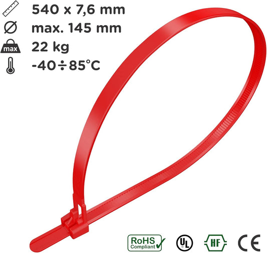 intervisio Kabelbinder Wiederverschließbar 540mm x 7,6mm rot 100 Stück