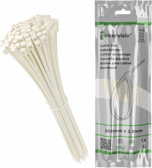 intervisio Kabelbinder 200mm x 2,5mm, Farbe weiß, Natural, Universalbinder, 100 Stück
