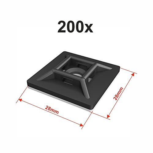 intervisio Klebesockel für Kabelbinder 28mm x 28mm, Selbstklebend Kabelschelle, schwarz, 200 Stück