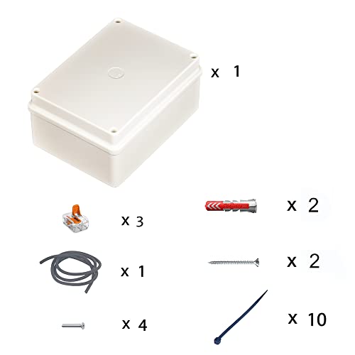 Anschlussdose ABS Gehäuse 155 x 115 x 75mm weiß mit Schraube Dübbel Dichtung Klemme und Kabelbinder