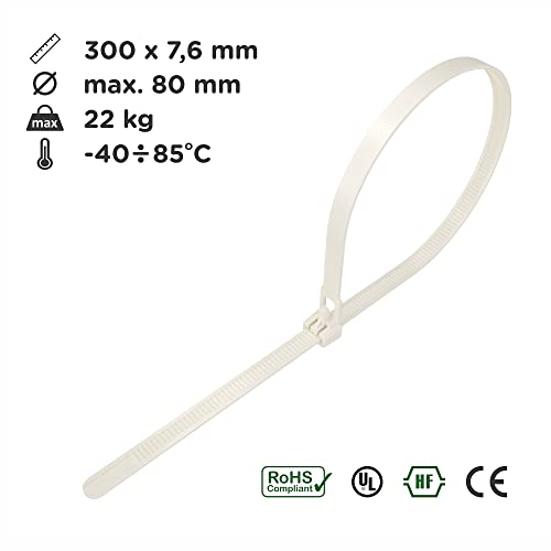 intervisio Kabelbinder Wiederverschließbar, 300mm x 7,6mm, 100 Stück, Weiß