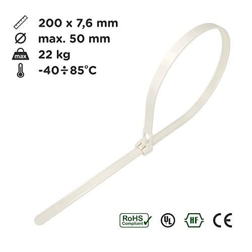 intervisio Kabelbinder Wiederverschließbar, 200mm x 7,6mm, 100 Stück, weiß