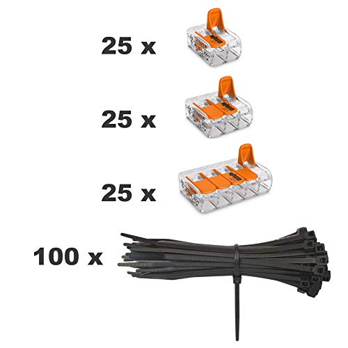 Wago Klemmen 75 Stück Set Sortiment 25x 221-412 | 25x 221-413 | 25x 221-415 Klemme und intervisio Kabelbinder 80mm