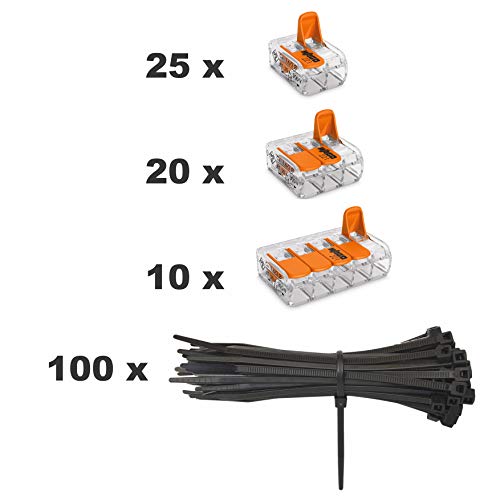 Wago Klemmen 55 Stück Set Sortiment 25x 221-412 | 20x 221-413 | 10x 221-415 und intervisio Kabelbinder 80mm