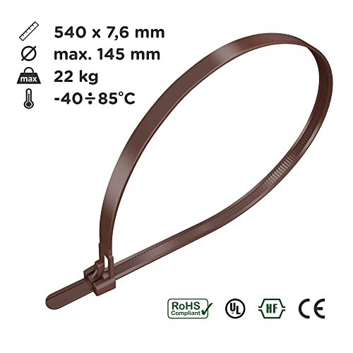 intervisio Kabelbinder Wiederverschließbar, 540mm x 7,6mm, 100 Stück, Braun