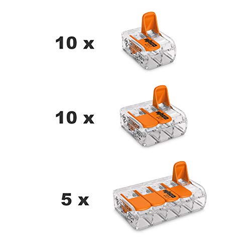 WAGO Klemmen 25 Stück Set Sortiment 10x 221-412 | 10x 221-413 | 5x 221-415 und 10 Stück intervisio Kabelbinder 80mm