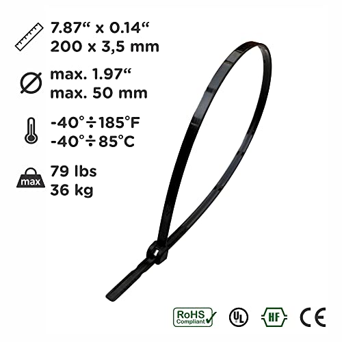 Kabelbinder mit Metallzunge schwarz 200mm x 3,5mm UV beständig 100 Stück