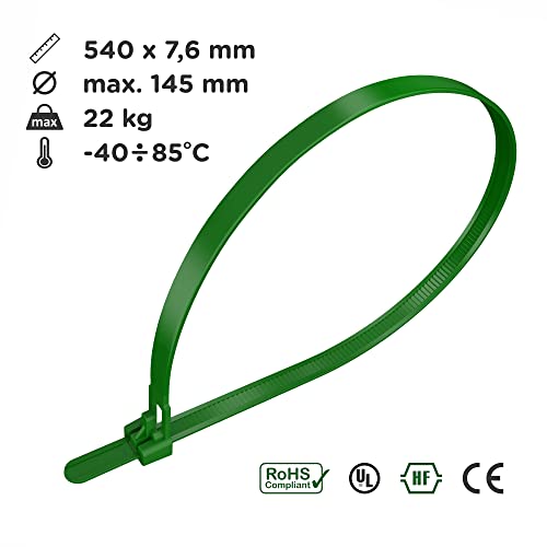intervisio Kabelbinder Wiederverschließbar, 540mm x 7,6mm, 100 Stück, Grün