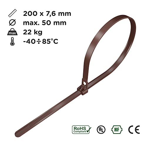 intervisio Kabelbinder Wiederverschließbar, 200mm x 7,6mm, 100 Stück, Braun