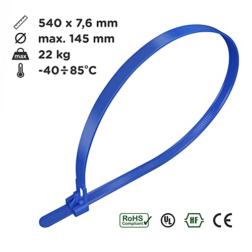 intervisio Kabelbinder Wiederverschließbar, 540mm x 7,6mm, 100 Stück, Blau
