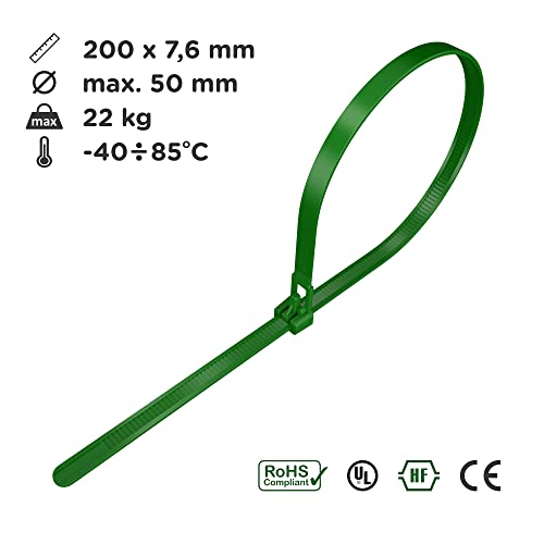 intervisio Kabelbinder Wiederverschließbar, 200mm x 7,6mm, 100 Stück, Grün