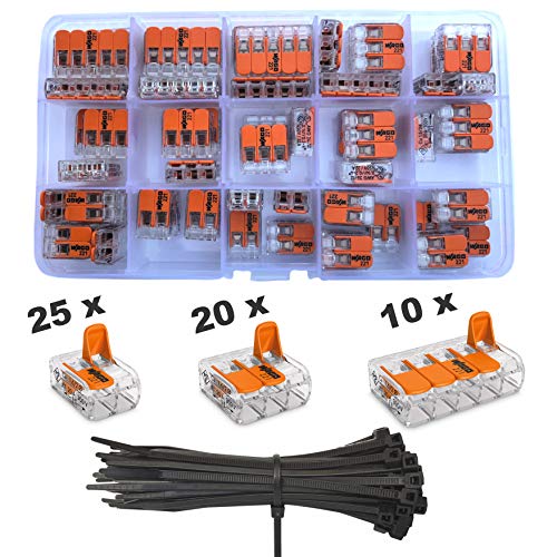 Wago Klemmen 55 Stück Set Sortiment 25x 221-412 | 20x 221-413 | 10x 221-415 und intervisio Kabelbinder 80mm