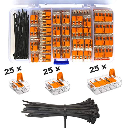 Wago Klemmen 75 Stück Set Sortiment 25x 221-412 | 25x 221-413 | 25x 221-415 Klemme und intervisio Kabelbinder 80mm