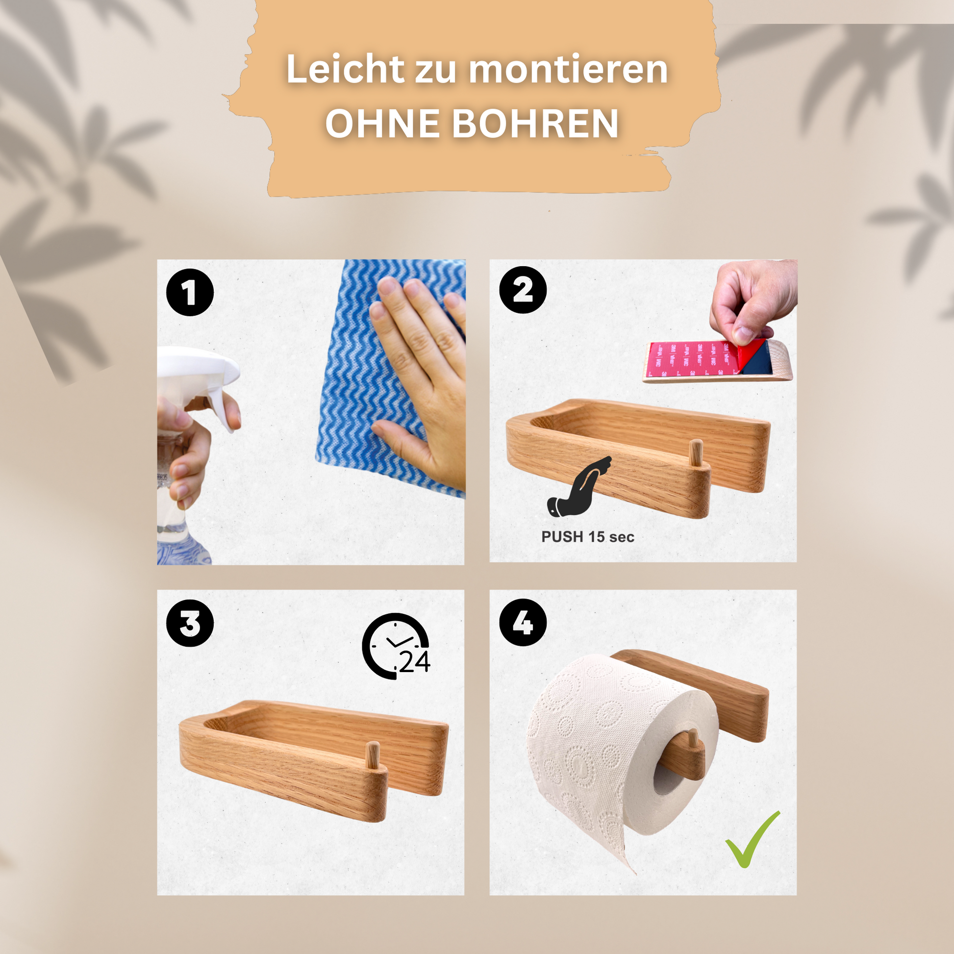 HausDek Toilettenpapierhalter aus Eichenholz – ohne Bohren, minimalistisches Design, starke Haftung – Ansicht 3