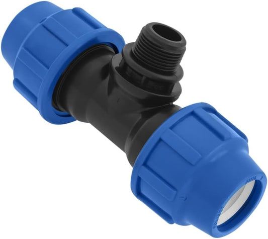 T-Stück PE Rohr Fitting 20mm x 3/4 x 20 mm Außengewinde AG Verschraubung PN16 DVGW Trinkwasser zertifiziert – Klemmverbinder – PP T Stück Kupplung für PE80 PE100 Rohren – 1 Stück