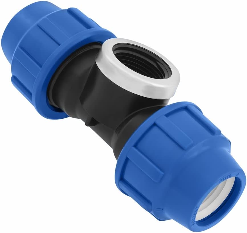 T-Stück PE Rohr Fitting 32mm x 1 x 32 mm Innengewinde IG Verschraubung PN16 DVGW Trinkwasser zertifiziert – Klemmverbinder – PP T Stück Kupplung für PE80 PE100 Rohren – 1 Stück