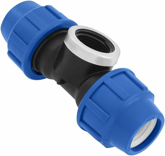 T-Stück PE Rohr Fitting 25mm x 1 x 25 mm Innengewinde IG Verschraubung PN16 DVGW Trinkwasser zertifiziert – Klemmverbinder – PP T Stück Kupplung für PE80 PE100 Rohren – 1 Stück