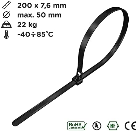 intervisio Kabelbinder Wiederverschließbar, 200mm x 7,6mm, 100 Stück, Schwarz