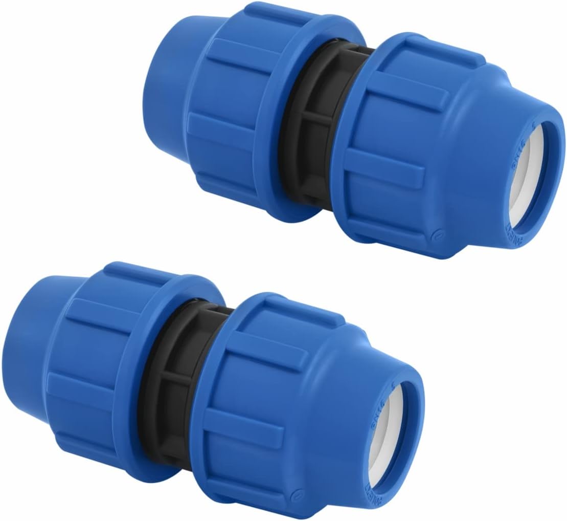 PP Kupplung MDPE 32 mm x 32mm Verschraubung für PE Rohr PN16 DVGW Trinkwasser zertifiziert – Klemmverbinder Kupplung kompatibel mit PE80 PE100 Rohren - 2 Stück