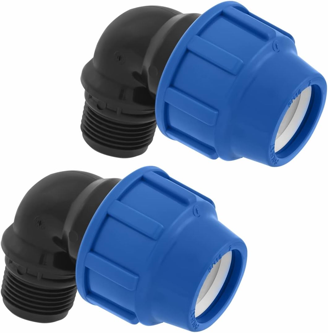 PP Winkel 90 grad mit Außengewinde 20mm x 1/2 Zoll Verschraubung für PE Rohr PN16 DVGW Trinkwasser zertifiziert – 20 mm Klemmverbinder Kupplung für PE80 PE100 Rohren - 2 Stück
