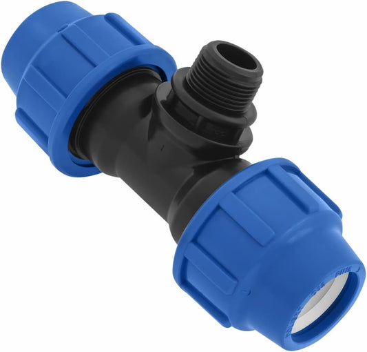 T-Stück PE Rohr Fitting 32mm x 1 x 32 mm Außengewinde AG Verschraubung PN16 DVGW Trinkwasser zertifiziert – Klemmverbinder – PP T Stück Kupplung für PE80 PE100 Rohren – 1 Stück