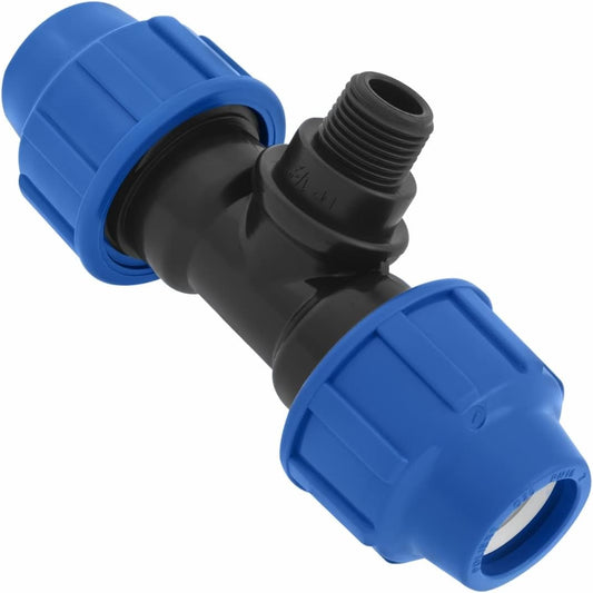 T-Stück PE Rohr Fitting 25mm x 1/2 x 25 mm Außengewinde AG Verschraubung PN16 DVGW Trinkwasser zertifiziert – Klemmverbinder – PP T Stück Kupplung für PE80 PE100 Rohren – 1 Stück