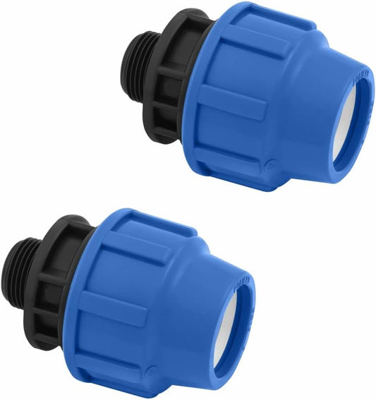 PP Kupplung MDPE 20mm x 1/2 Zoll mit Außengewinde AG - Verschraubung für PE Rohr PN16 DVGW Trinkwasser zertifiziert – 20 mm Klemmverbinder Adapter für PE80 PE100 Rohren - 2 Stück