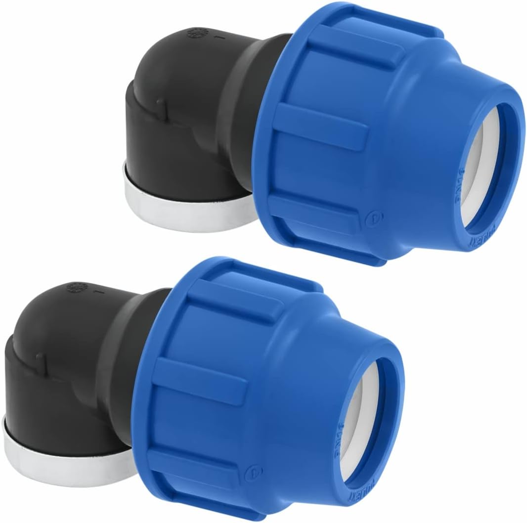 PP Winkel 90 grad mit Innengewinde 25mm x 3/4 Zoll Verschraubung für PE Rohr PN16 DVGW Trinkwasser zertifiziert – 25 mm Klemmverbinder Kupplung für PE80 PE100 Rohren - 2 Stück