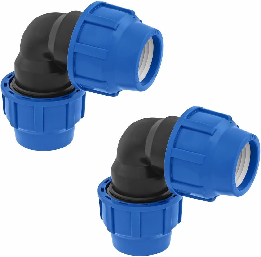 25mm PE Rohr Verschraubung Winkel 90 Grad PN16 DVGW Trinkwasser zertifiziert – 25 mm Klemmverbinder für Innen- und Außeninstallationen – PP Kupplung für PE80 PE100 Rohren - 2er-Pack