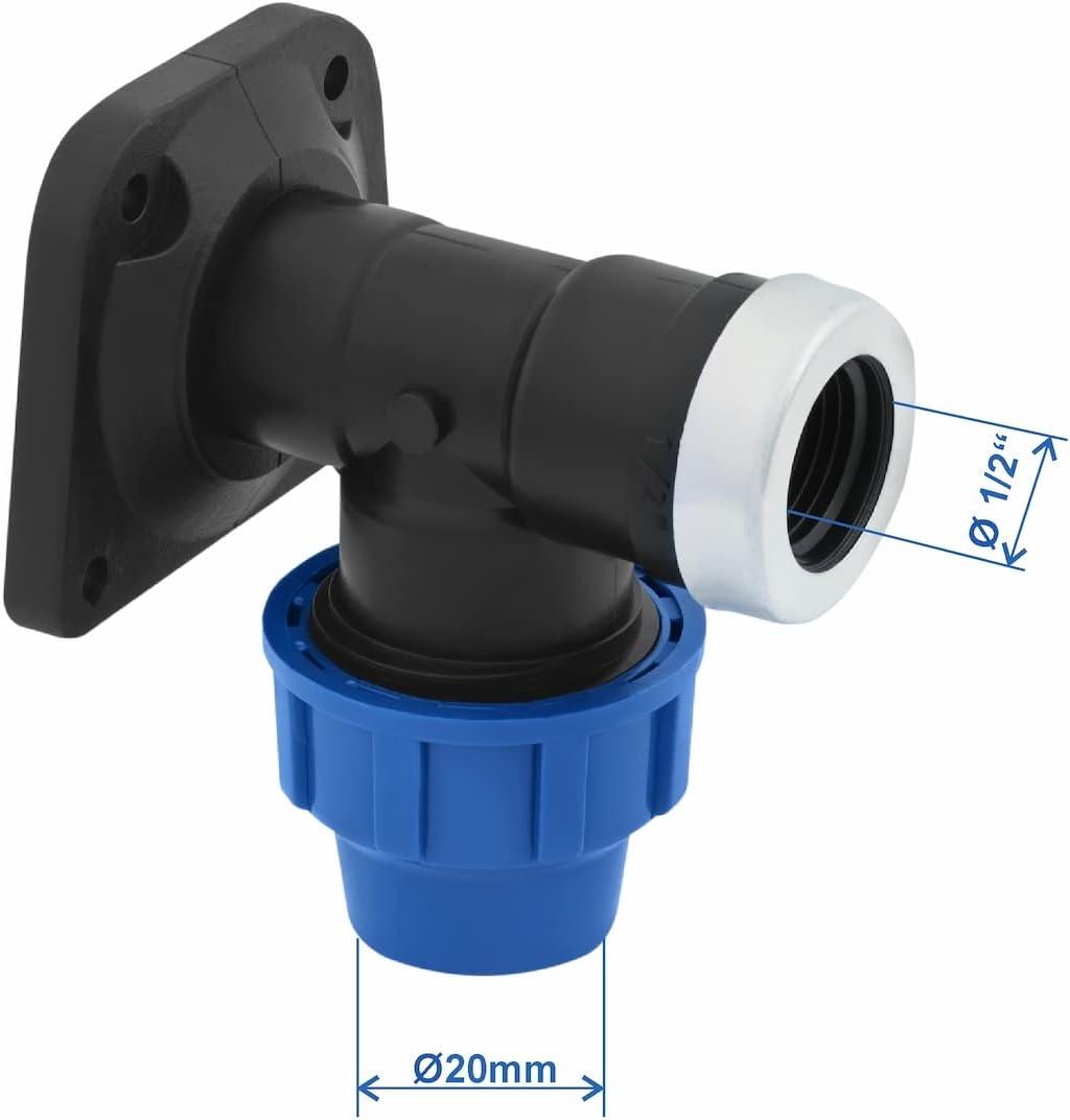 PP Wandwinkel mit Innengewinde 20mm x 1/2 Zoll Verschraubung für PE Rohr PN16 DVGW Trinkwasser zertifiziert – 20 mm Klemmverbinder Kupplung für PE80 PE100 Rohren - 2 Stück