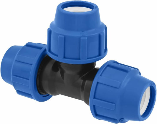 T-Stück PE Rohr Fitting 32mm x 32mm x 32 mm Verschraubung PN16 DVGW Trinkwasser zertifiziert – Klemmverbinder – PP T Kupplung kompatibel mit PE80 PE100 Rohren – 1 Stück