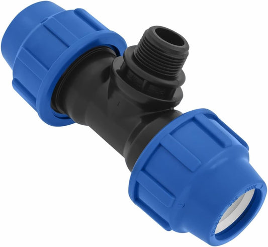 T-Stück PE Rohr Fitting 32mm x 3/4 x 32 mm Außengewinde AG Verschraubung PN16 DVGW Trinkwasser zertifiziert – Klemmverbinder – PP T Stück Kupplung für PE80 PE100 Rohren – 1 Stück