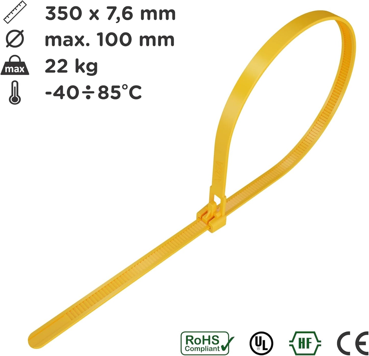 intervisio Kabelbinder Wiederverschließbar, 350mm x 7,6mm, 100 Stück, Gelb