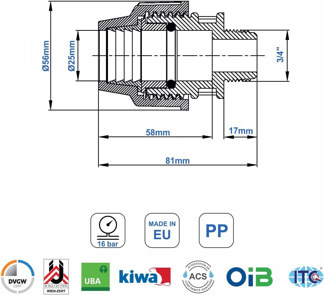 PP Kupplung MDPE 25mm x 3/4 Zoll mit Außengewinde AG - Verschraubung für PE Rohr PN16 DVGW Trinkwasser zertifiziert – 25 mm Klemmverbinder Adapter für PE80 PE100 Rohren - 2 Stück