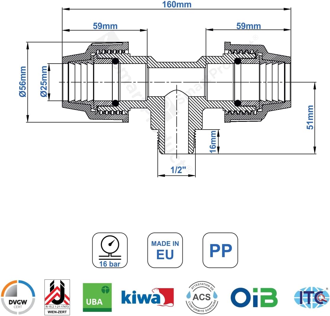 T-Stück PE Rohr Fitting 25mm x 1/2 x 25 mm Außengewinde AG Verschraubung PN16 DVGW Trinkwasser zertifiziert – Klemmverbinder – PP T Stück Kupplung für PE80 PE100 Rohren – 1 Stück
