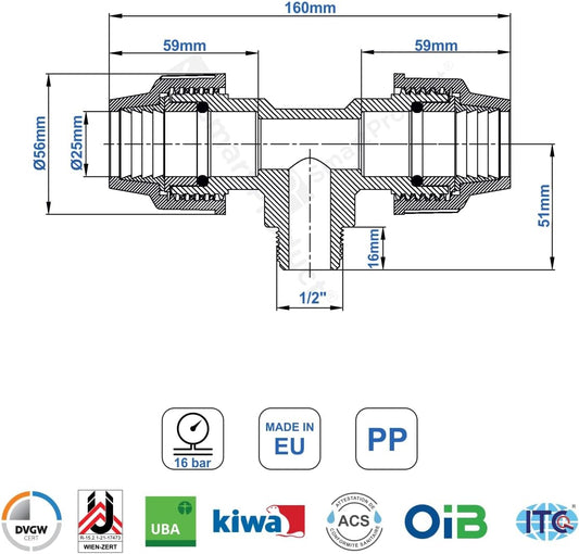 T-Stück PE Rohr Fitting 25mm x 1/2 x 25 mm Außengewinde AG Verschraubung PN16 DVGW Trinkwasser zertifiziert – Klemmverbinder – PP T Stück Kupplung für PE80 PE100 Rohren – 1 Stück