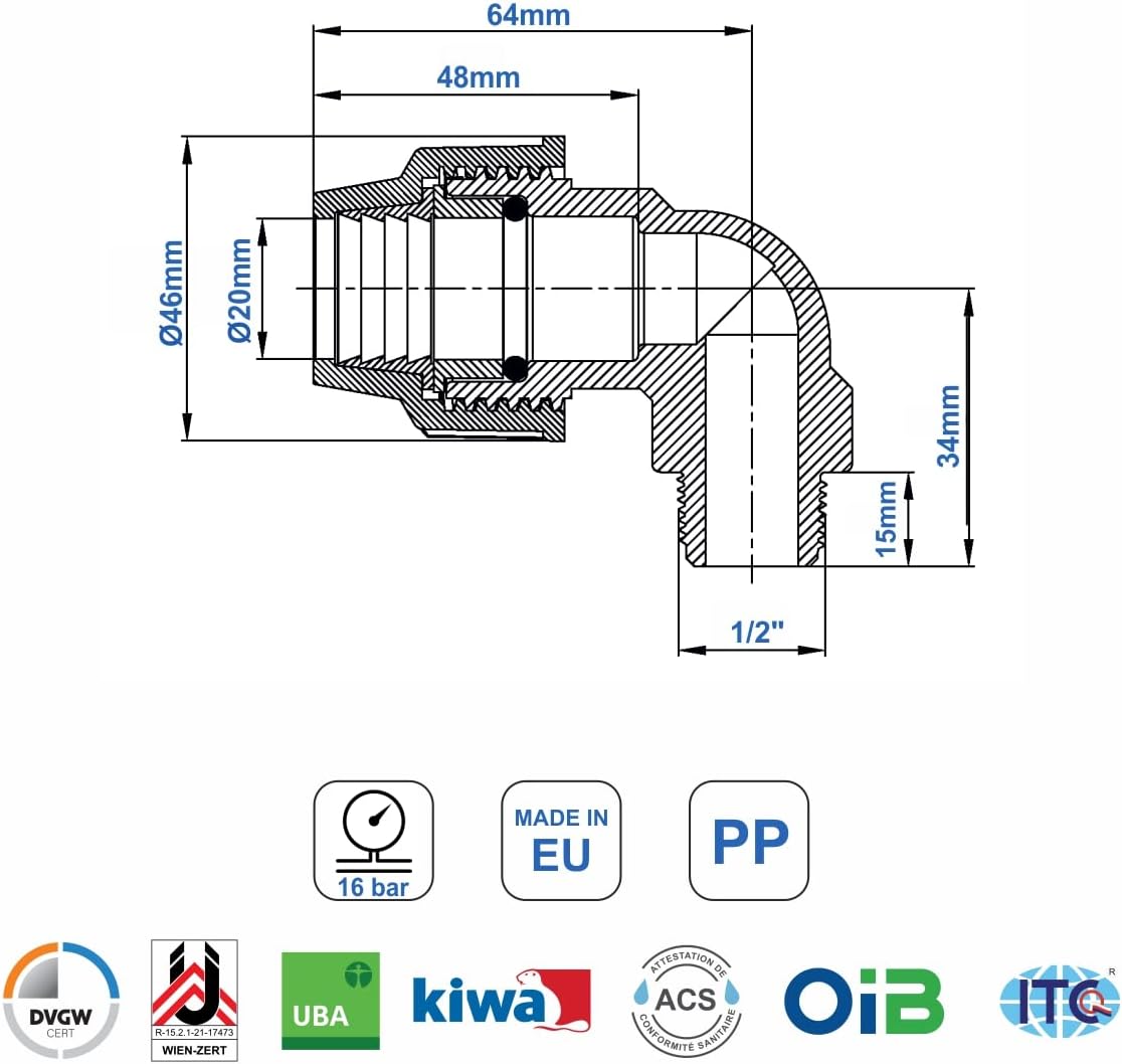 PP Winkel 90 grad mit Außengewinde 20mm x 1/2 Zoll Verschraubung für PE Rohr PN16 DVGW Trinkwasser zertifiziert – 20 mm Klemmverbinder Kupplung für PE80 PE100 Rohren - 2 Stück