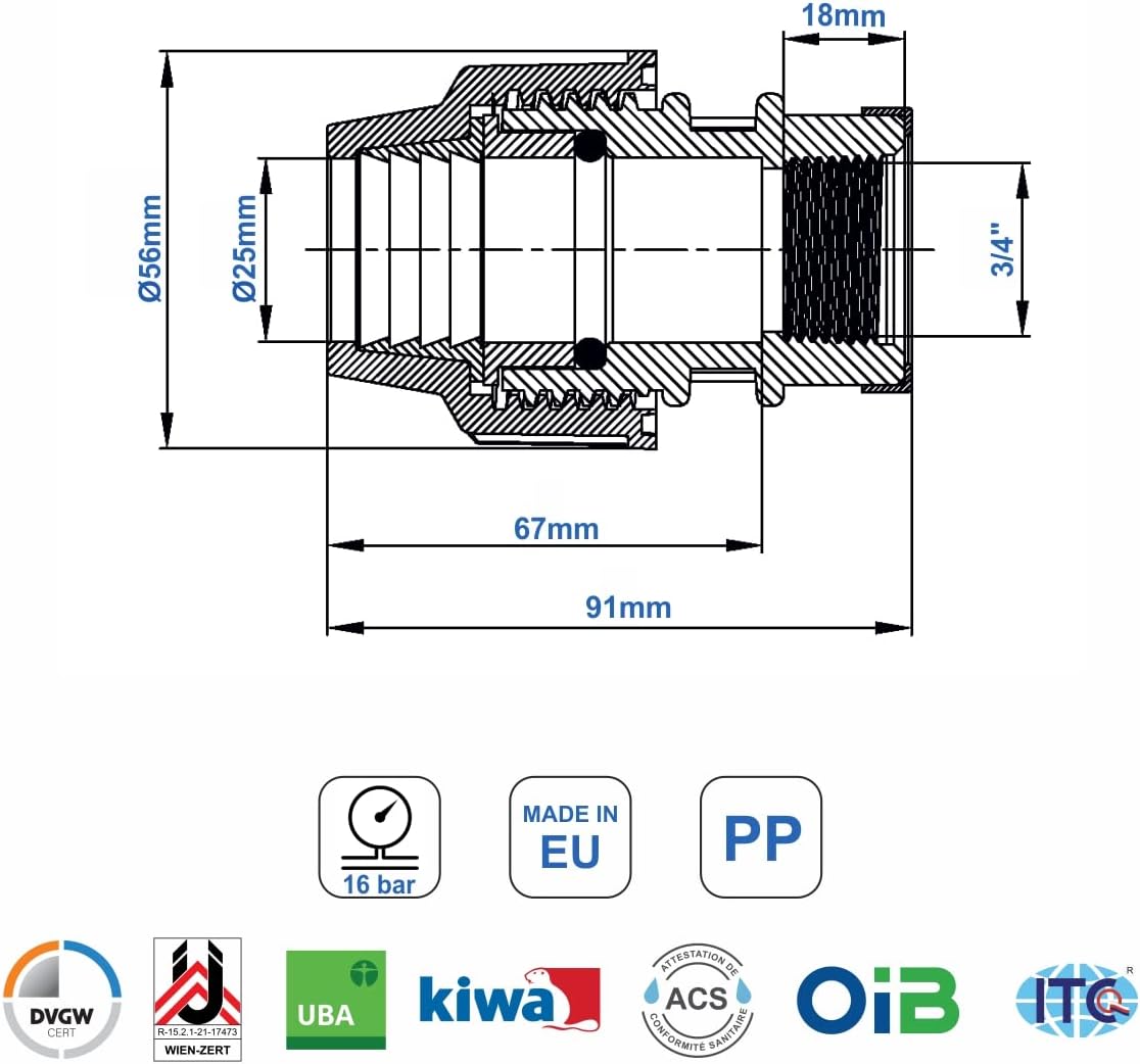 PP Kupplung MDPE 25mm x 3/4 Zoll mit Innengewinde IG - Verschraubung für PE Rohr PN16 DVGW Trinkwasser zertifiziert – 25 mm Klemmverbinder Adapter für PE80 PE100 Rohren - 2 Stück