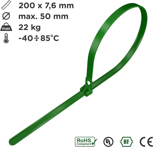 intervisio Kabelbinder Wiederverschließbar, 200mm x 7,6mm, 100 Stück, Grün