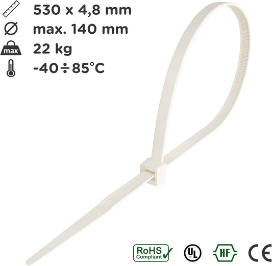 intervisio Kabelbinder Lang 530mm x 4,8mm, weiß, Industrie-Qualität, 100 Stück
